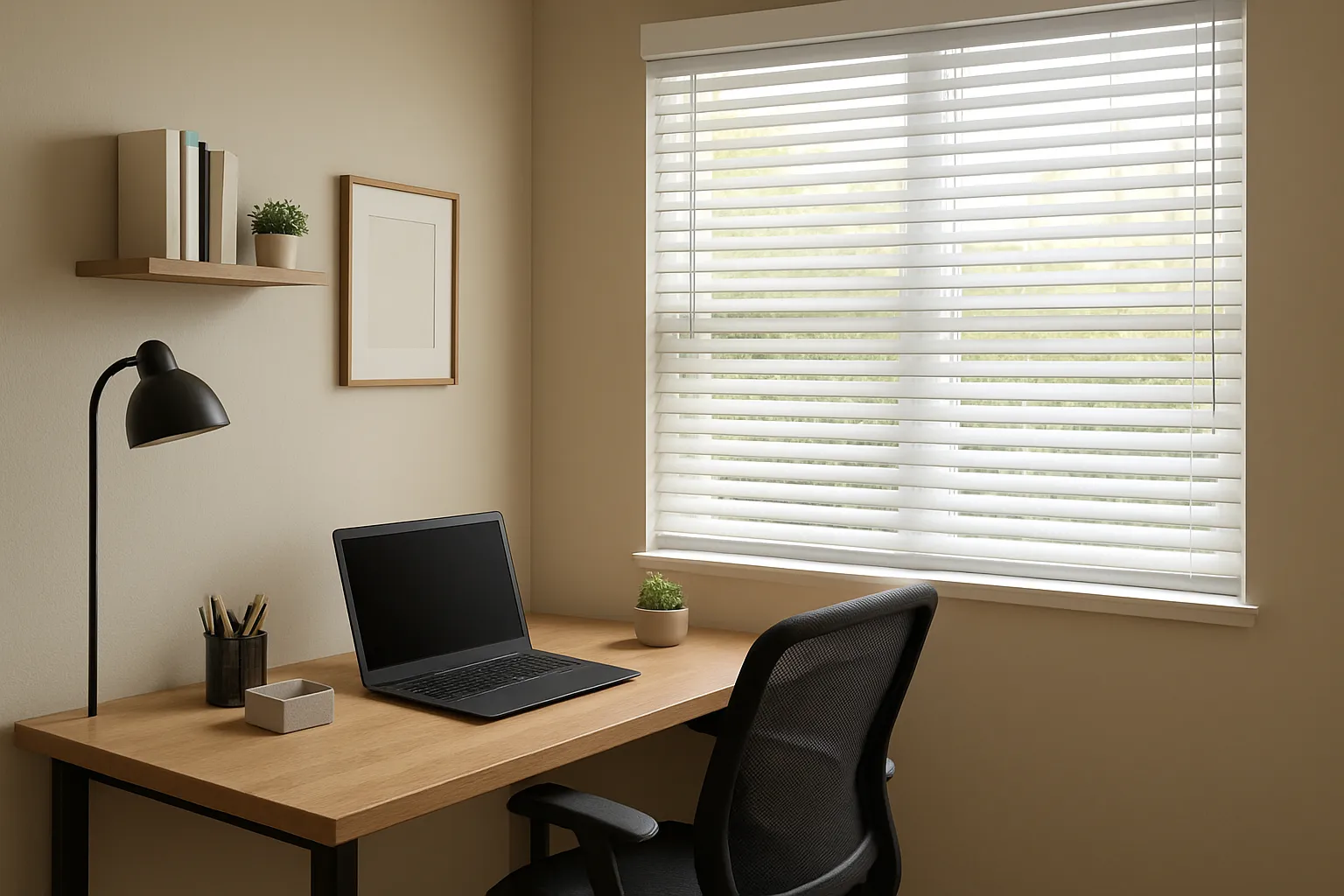 Home office com persiana horizontal