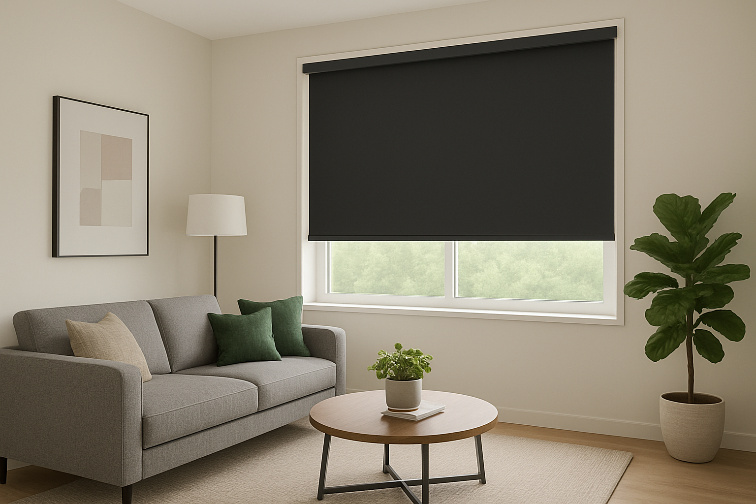 Sala de estar com persiana rolô blackout