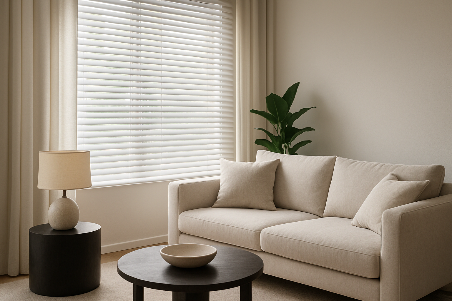 Sala moderna com persiana horizontal de madeira